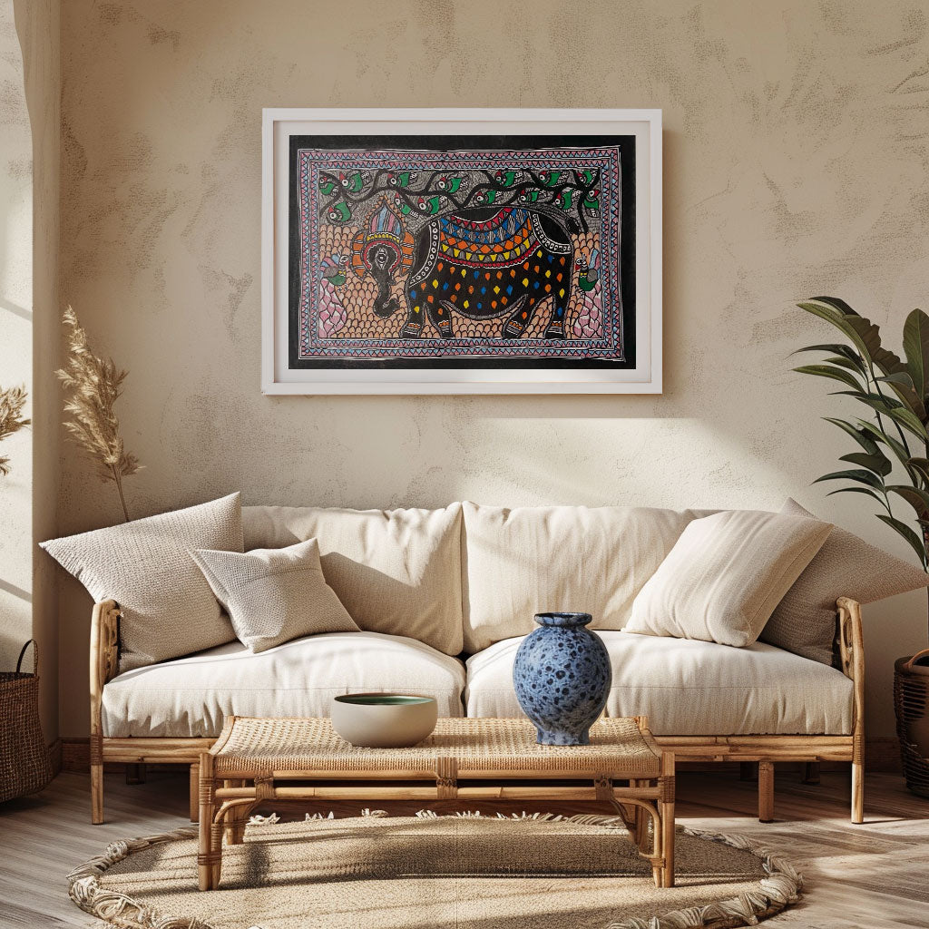 Elephant with Peacock , Madhubani Art, Madhubani Painting