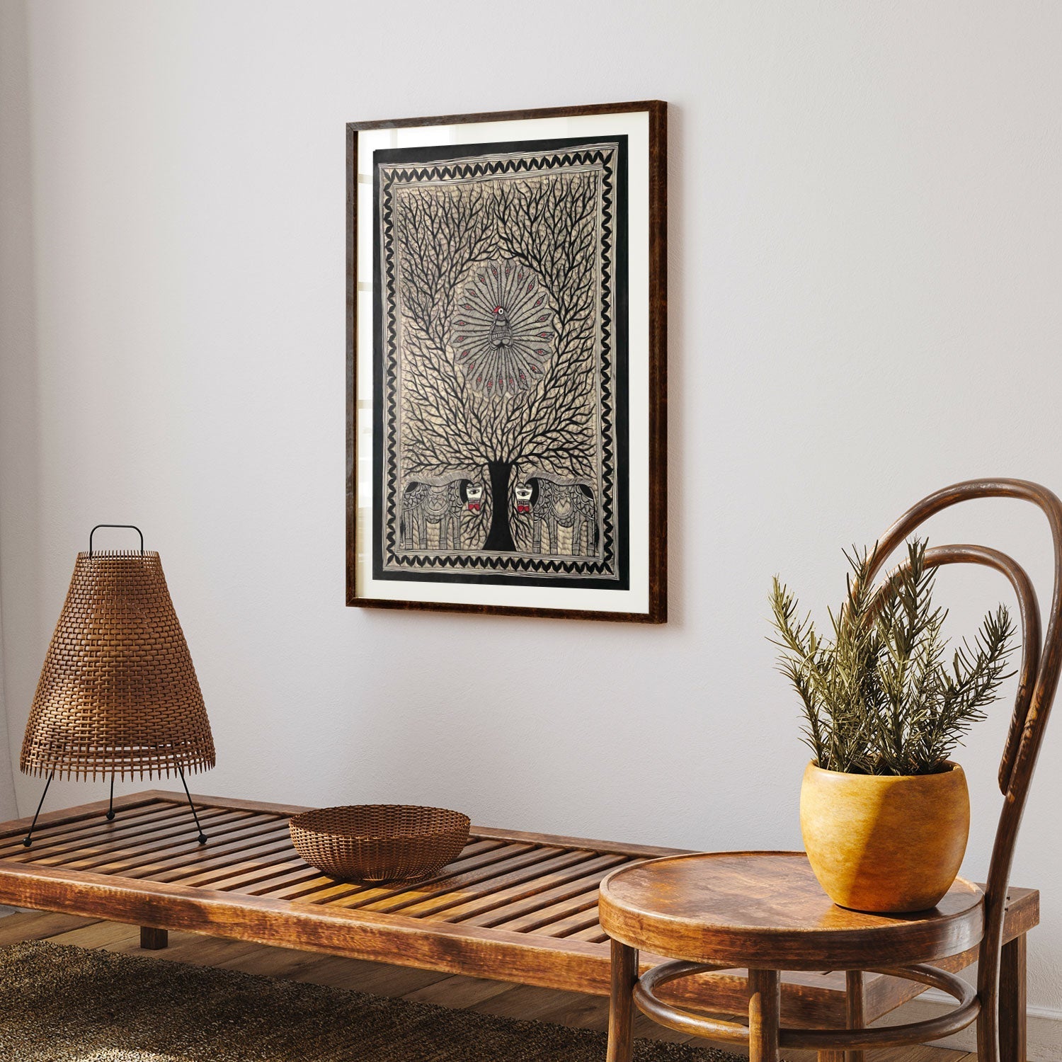 Life of Tree with Peacock and Elephant, Madhubani Art, Madhubani Painting