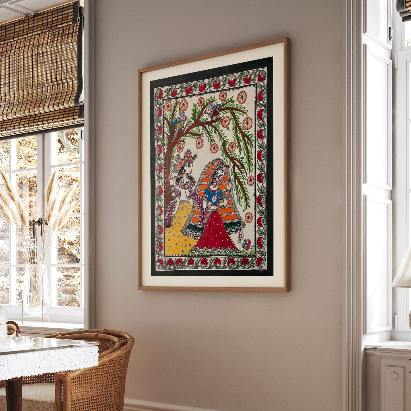 Krishna and Radha ji with flute, Madhubani Art, Madhubani Painting