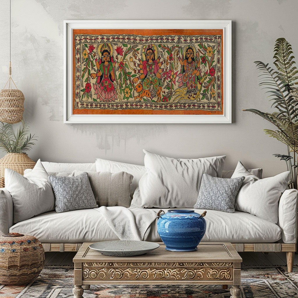 The 3 Devis-Lakshmi,Durga and Saraswati Madhubani painting