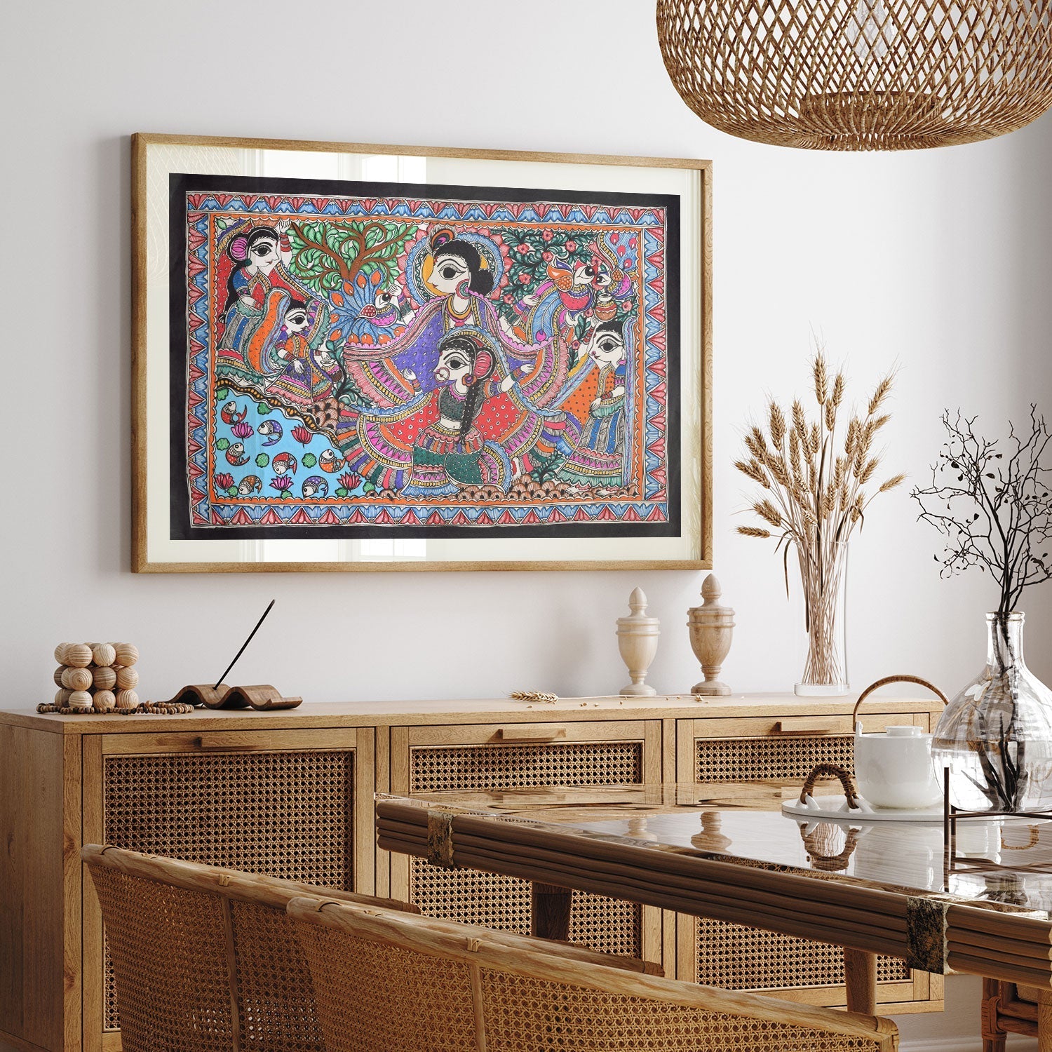 Radha krishna at the river coast, Madhubani Art, Madhubani Painting