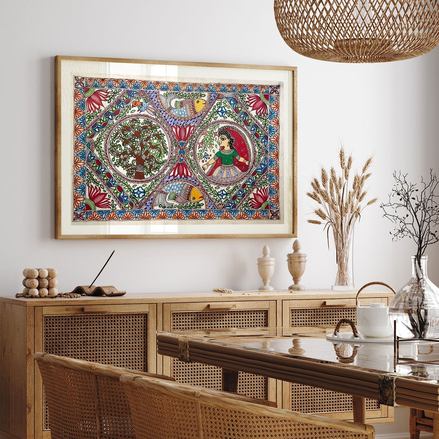 The Lady with fish and tree madhubani, Madhubani Art, Madhubani Painting