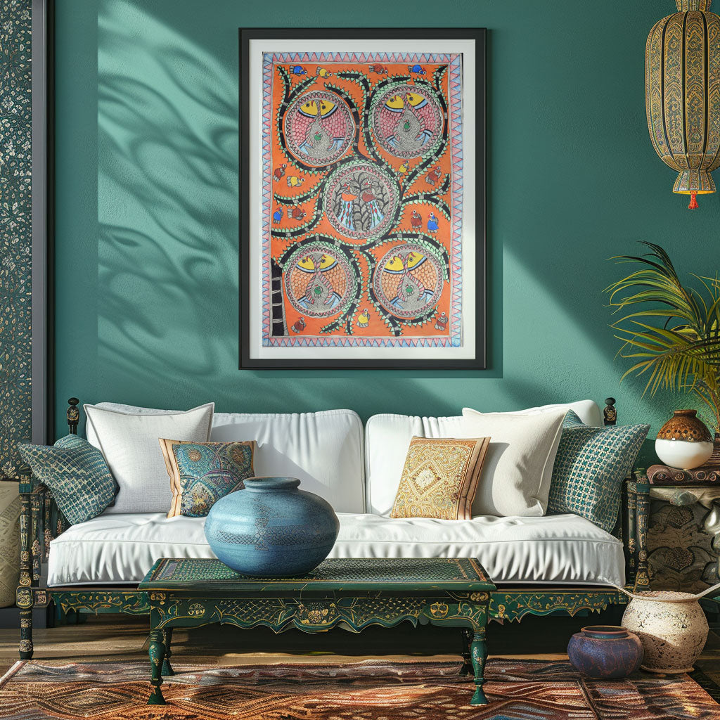 Combination of Fish and Peacock Madhubani Painting, Madhubani Art, Madhubani Painting