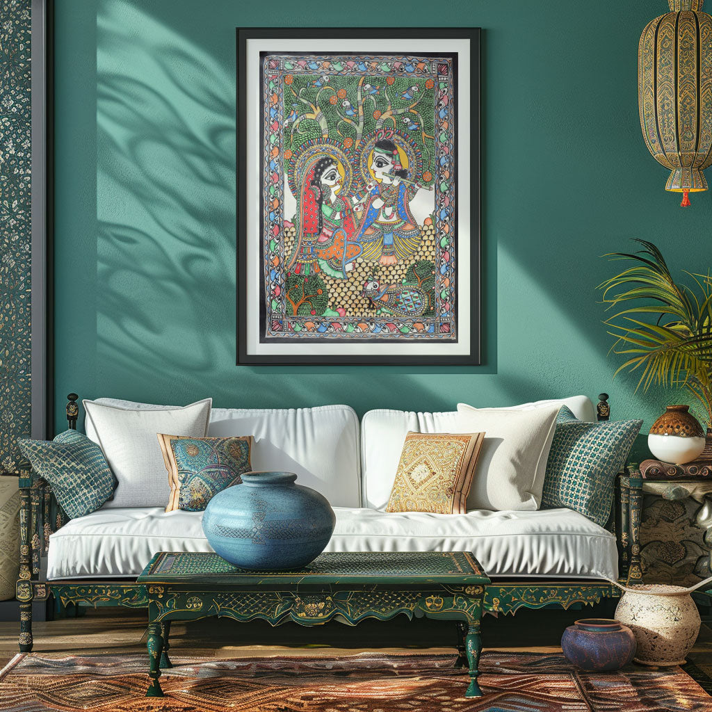 Love Scene of Radha Krishna Madhubani Painting, Madhubani Art, Madhubani Painting