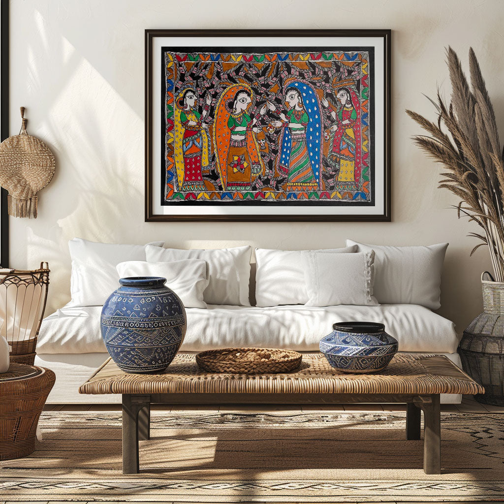 Radha with Gopis madhubani, Madhubani Art, Madhubani Painting