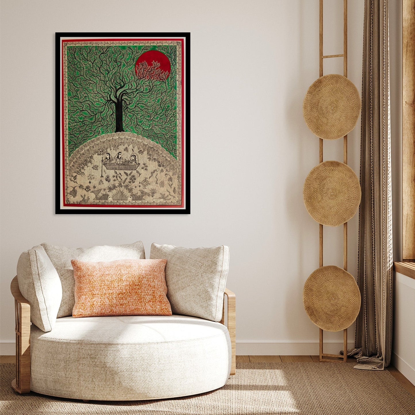 Life of Tree Hand-Painted Madhubani Painting, Framed Art