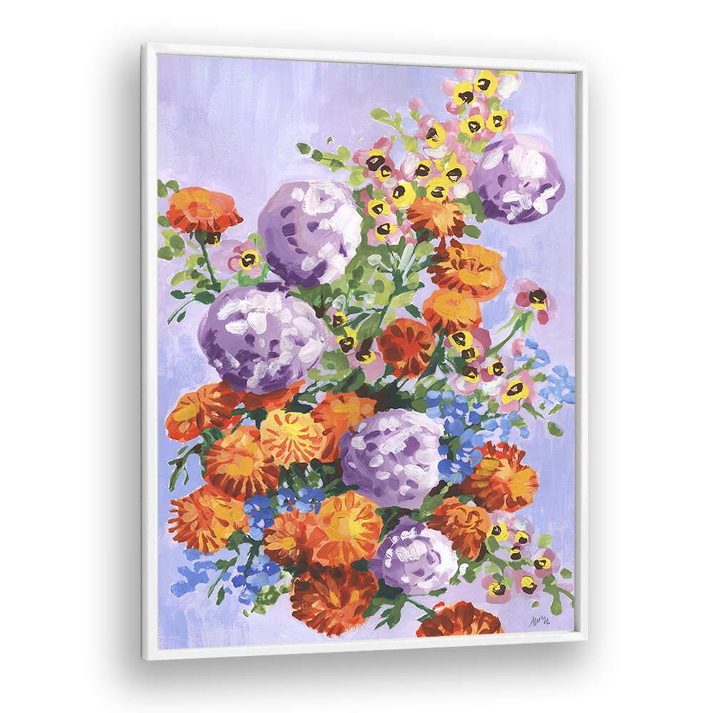 Marigold And Hydrangea By Ania Zwara Botanical Flower Paintings painting Artwork in White Plain Frame