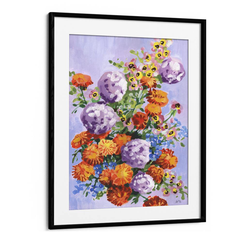 Marigold And Hydrangea By Ania Zwara Botanical Flower Paintings Artwork in Black Frame With Mount