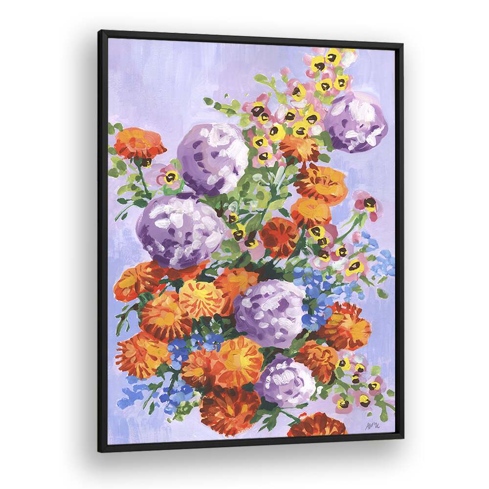Marigold And Hydrangea By Ania Zwara Botanical Flower Paintings Artwork in Black Plain Frame