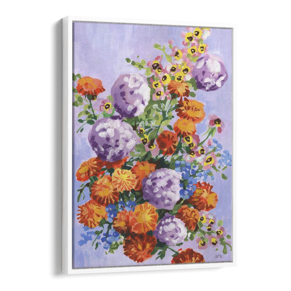 Marigold And Hydrangea By Ania Zwara Botanical Flower Paintings Artwork in White Floater Frame