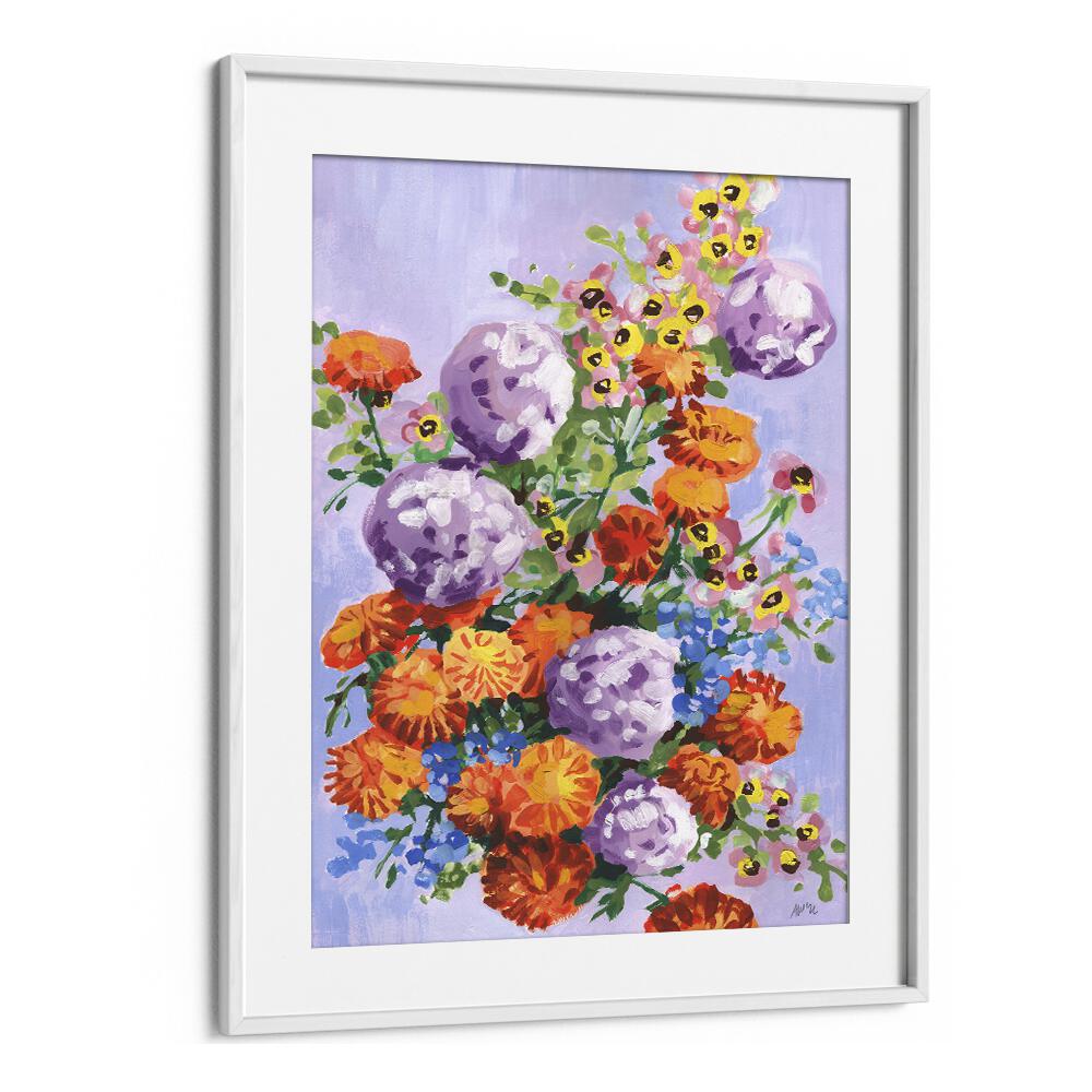 Marigold And Hydrangea By Ania Zwara Botanical Flower Paintings Artwork in White frame With Mount