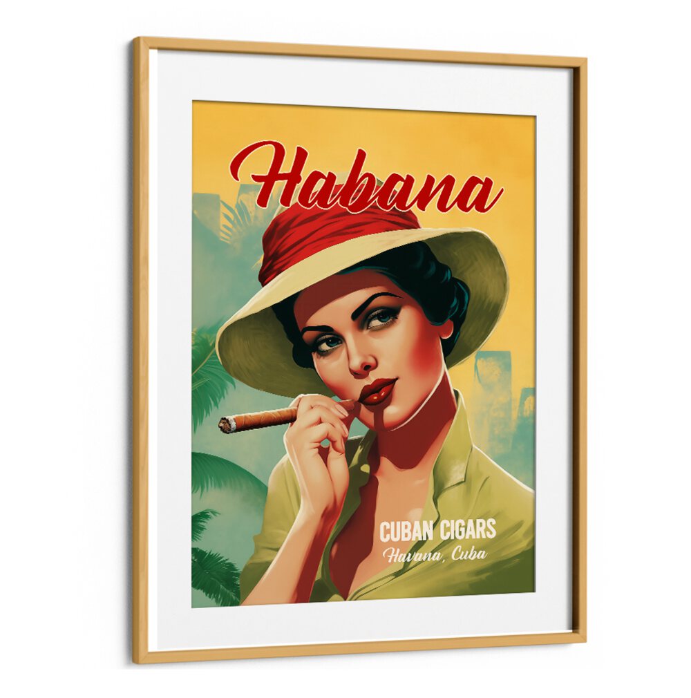 Vintage art featuring a woman enjoying HABANA - CUBAN CIGARS, BAR & CAFE, celebrating Cuba's rich cigar heritage.