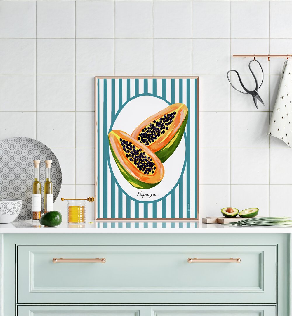 PAPAYA ON STRIPES , KITCHEN POSTERS