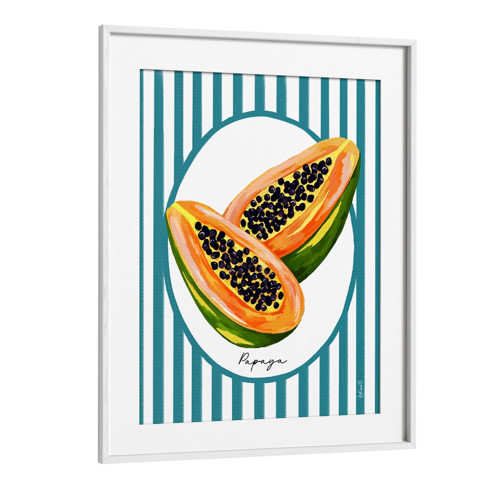 Vibrant PAPAYA ON STRIPES, KITCHEN POSTERS, framed art adding tropical flair to your kitchen decor.