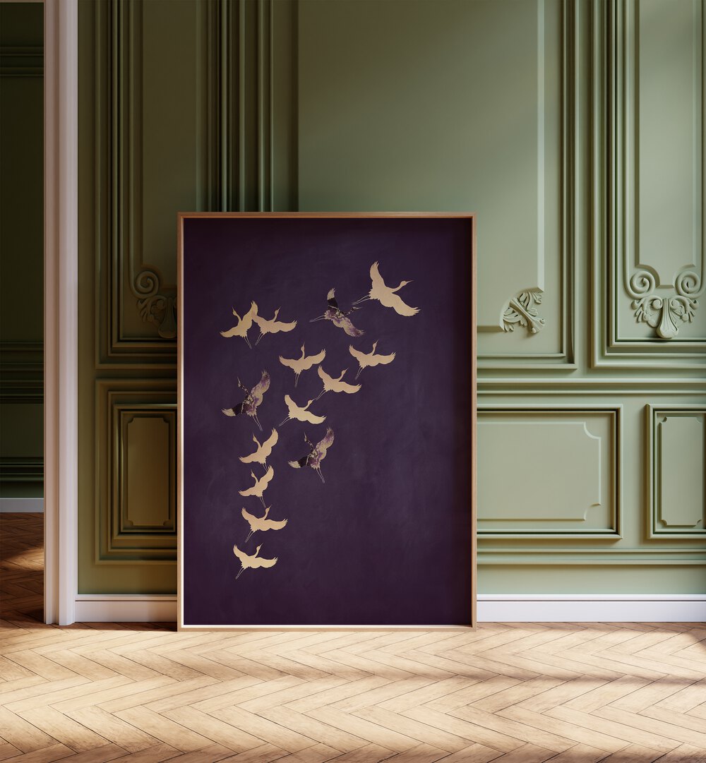 PURPLE FLYING CRANES , ANIMAL PAINTINGS