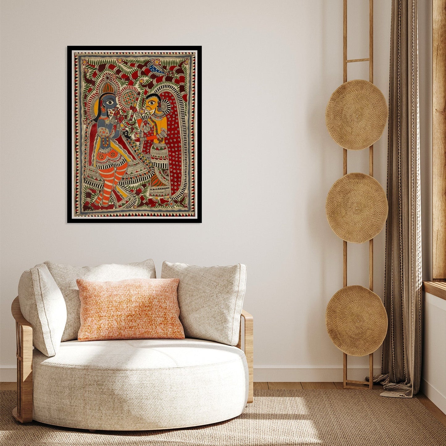 Beautiful Radha Krishna Madhubani Painting, Framed Art