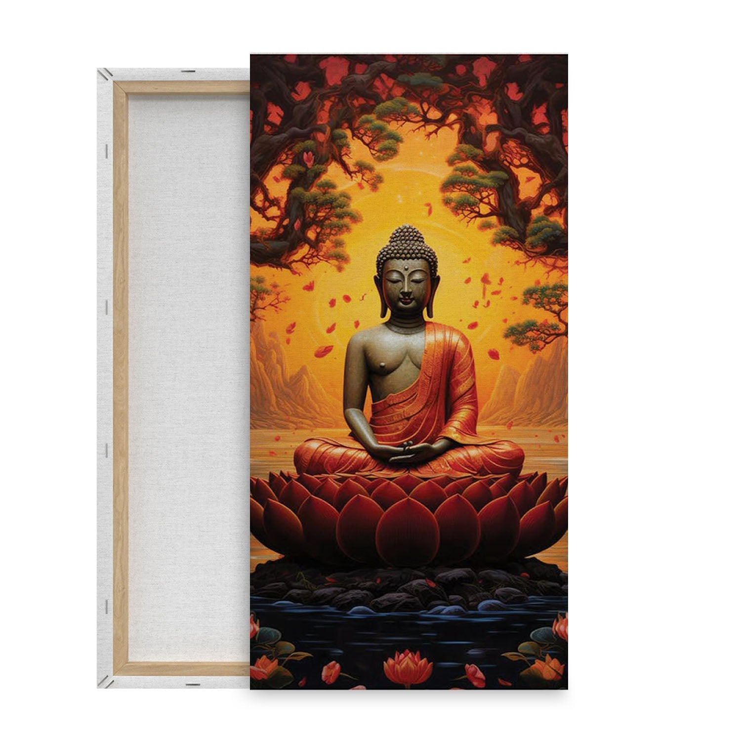 Buddha in Meditation Amidst a Fiery Sunset and Falling Leaves