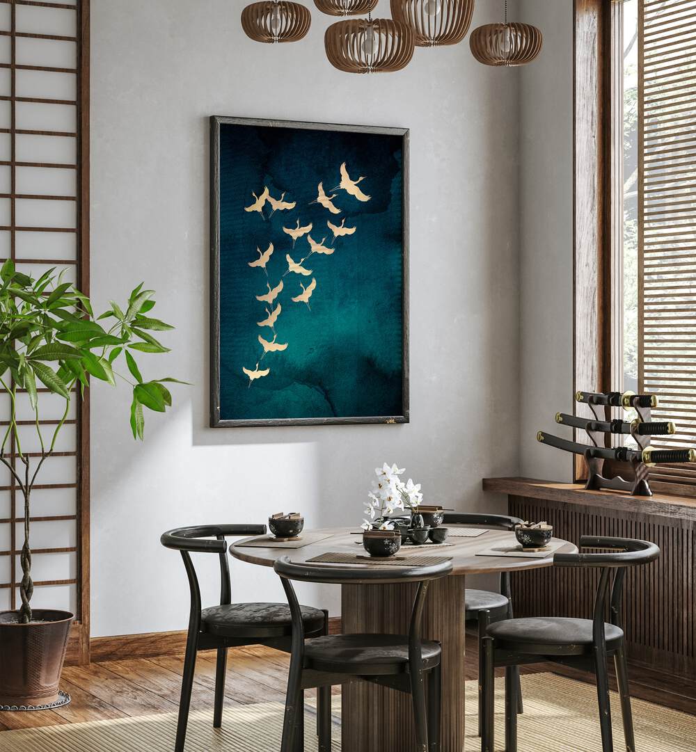 TEAL FLYING CRANES , ANIMAL PAINTINGS