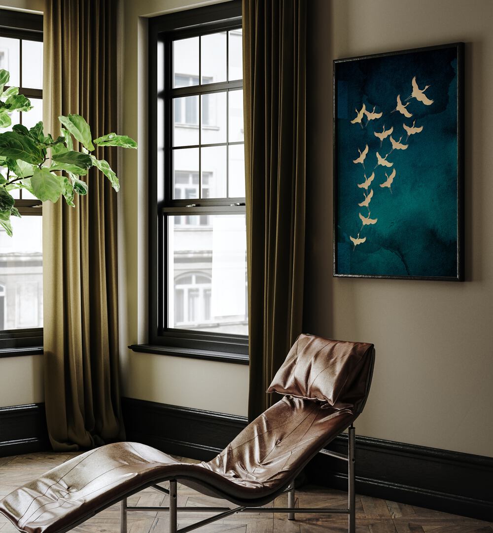 TEAL FLYING CRANES , ANIMAL PAINTINGS