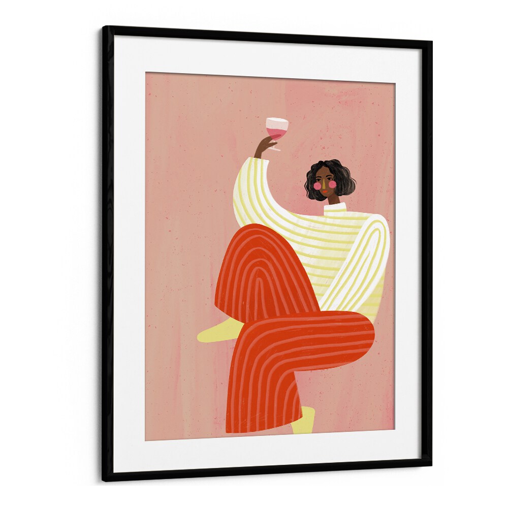 Elegant illustration of a woman with wine, showcasing sophistication in the