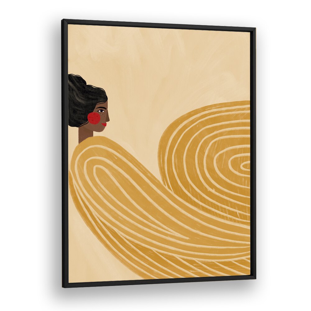 Vibrant portrait of a woman with yellow stripes, celebrating femininity in Bea Muller's stunning artwork.