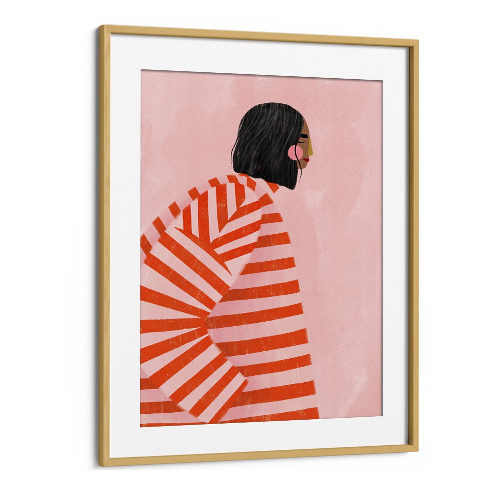 Stunning WOMAN WITH ORANGE STRIPES, PORTRAITS artwork by Bea Muller, showcasing modern femininity in a vibrant illustration.