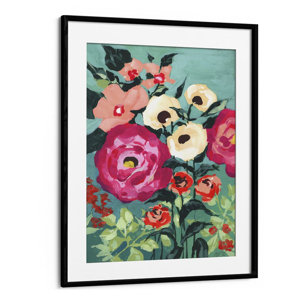 Viva Magenta Peonies Botanical Flower Paintings Artwork in Black Frame With Mount
