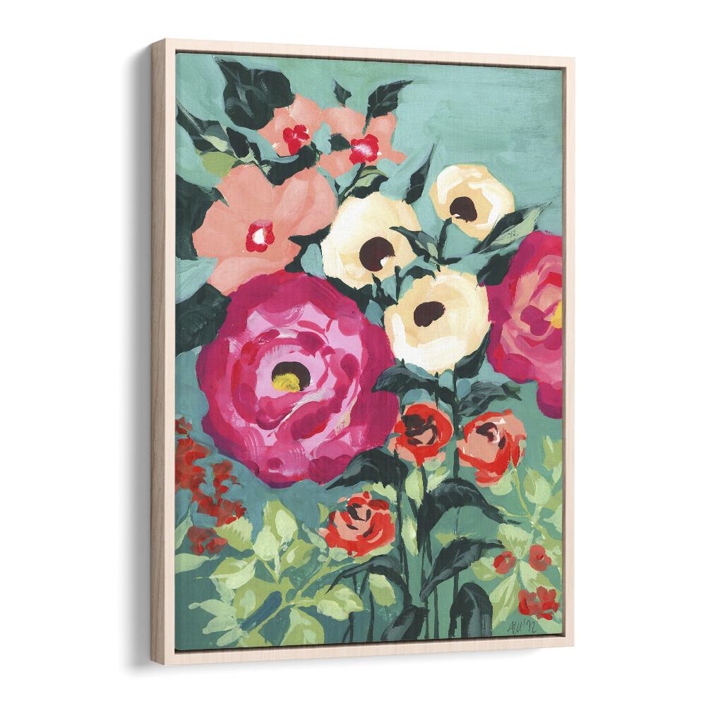 Viva Magenta Peonies Botanical Flower Paintings Artwork in Oak Wood Floater Frame