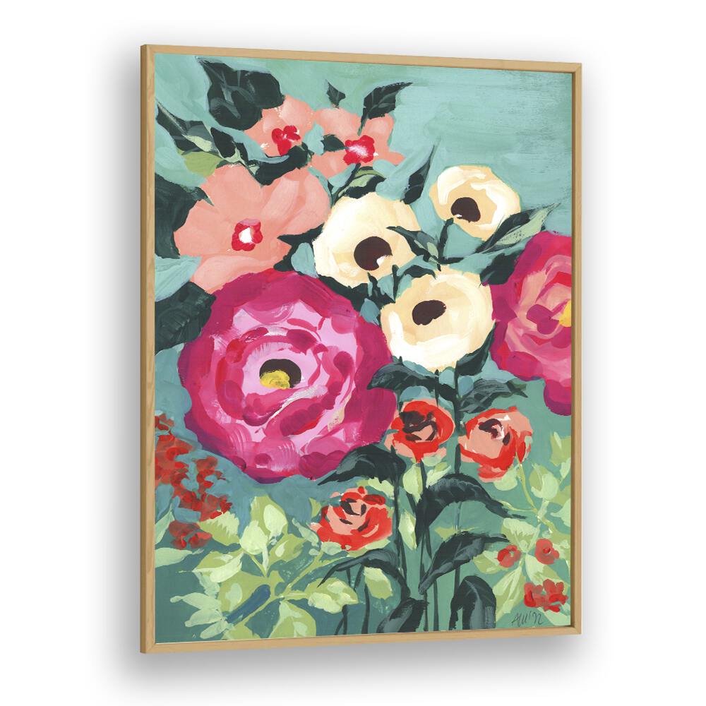 Viva Magenta Peonies Botanical Flower Paintings Artwork in Oak Wood Plain Frame