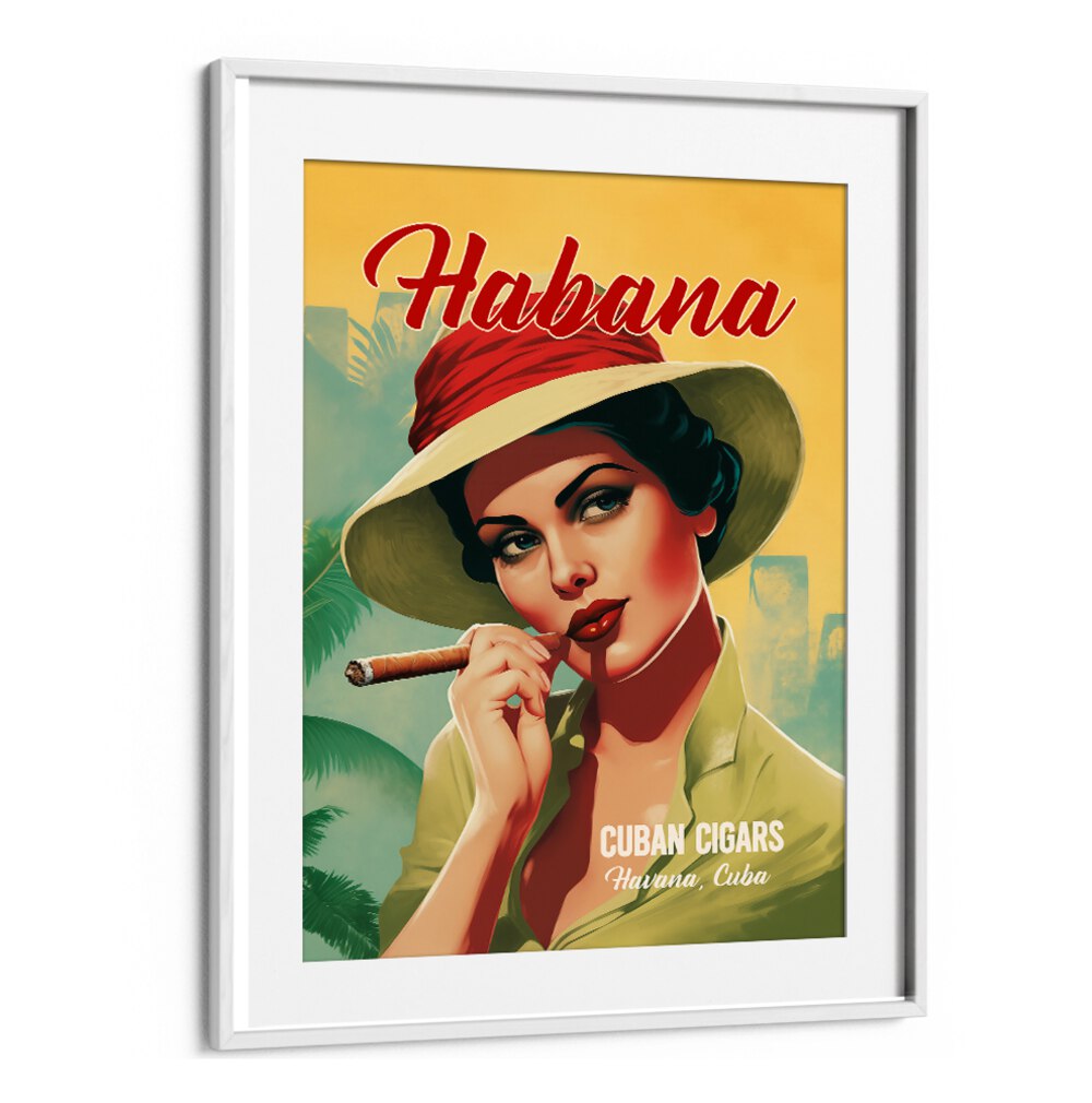 Vintage Havana art featuring a woman enjoying a cigar, celebrating HABANA - CUBAN CIGARS, BAR & CAFE heritage.