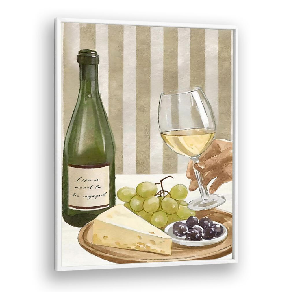 Elegant kitchen scene with wine, cheese, and grapes, embodying the essence of LIFE IS MEANT TO BE ENJOYED, KITCHEN POSTERS.