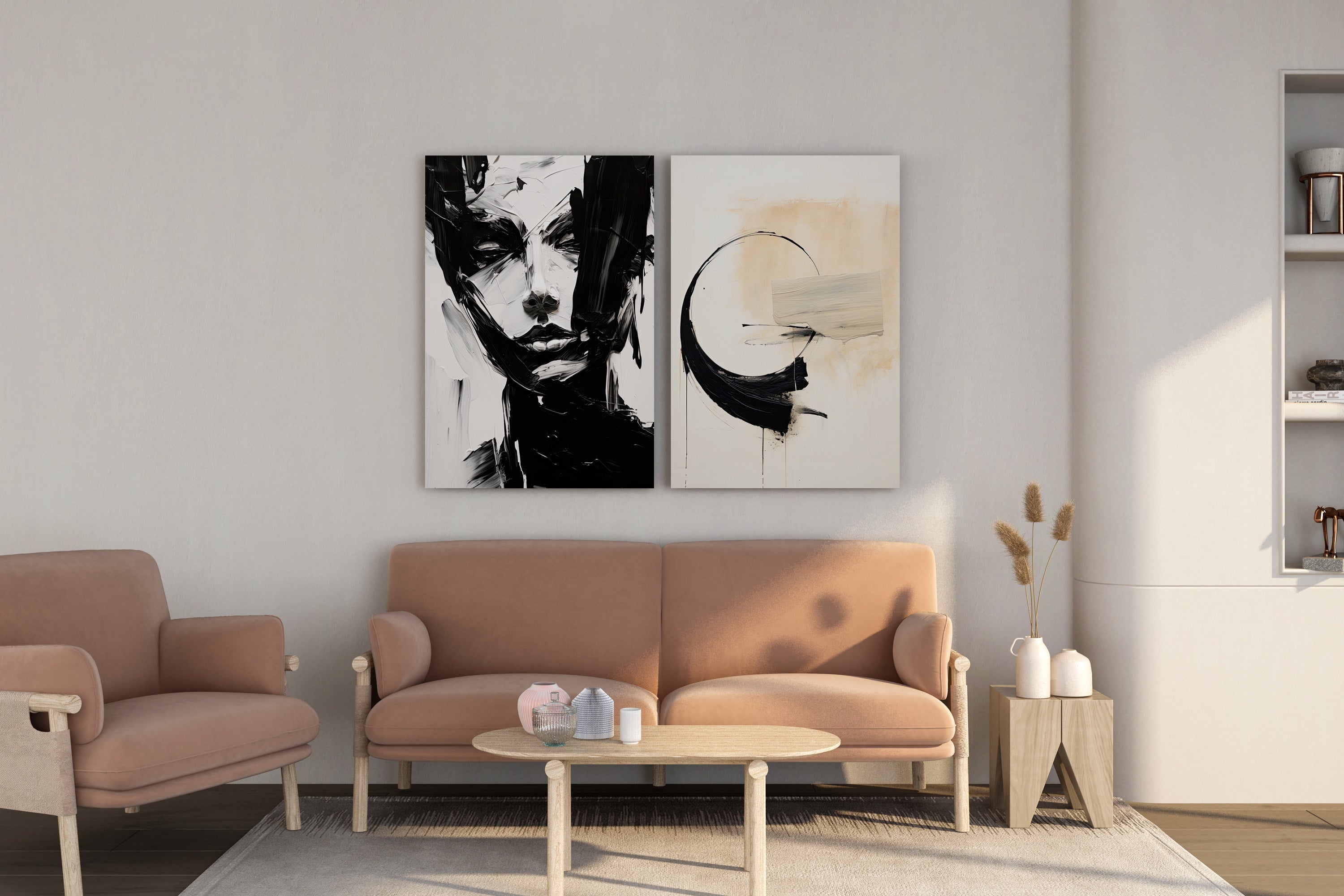 Bold Black and White Abstract Portrait & Brush Art – Wall Art Set of 2
