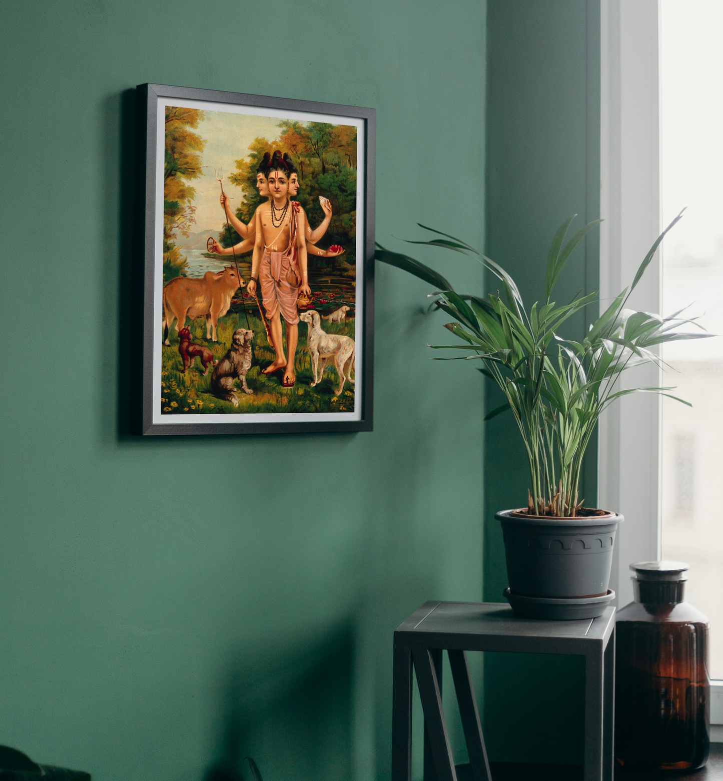 Dattatreya with his four dogs and cow by Raja Ravi Varma Home Wall Art