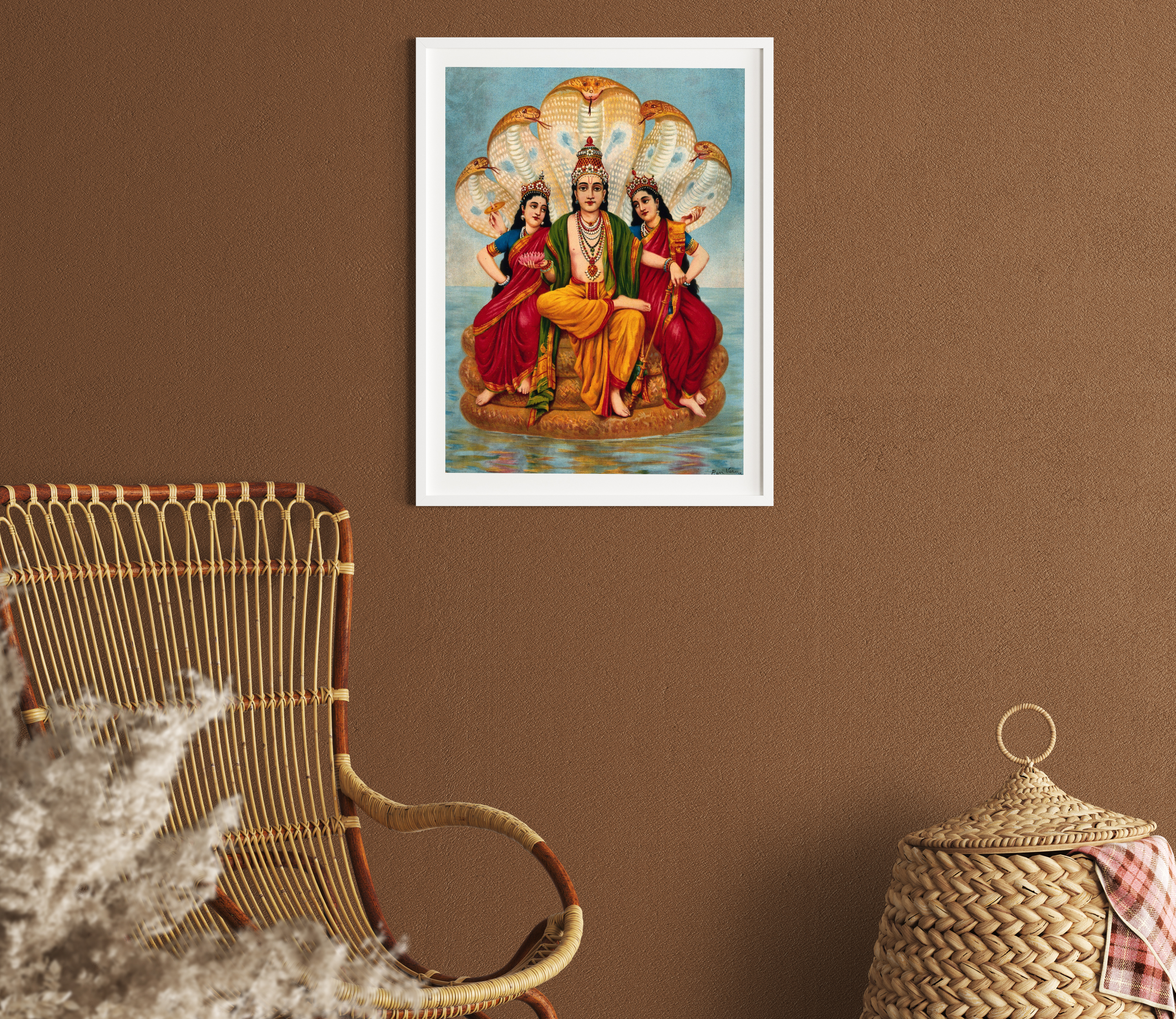 Vishnu flanked by two wives resting on Shesa by Raja Ravi Varma Wall Art