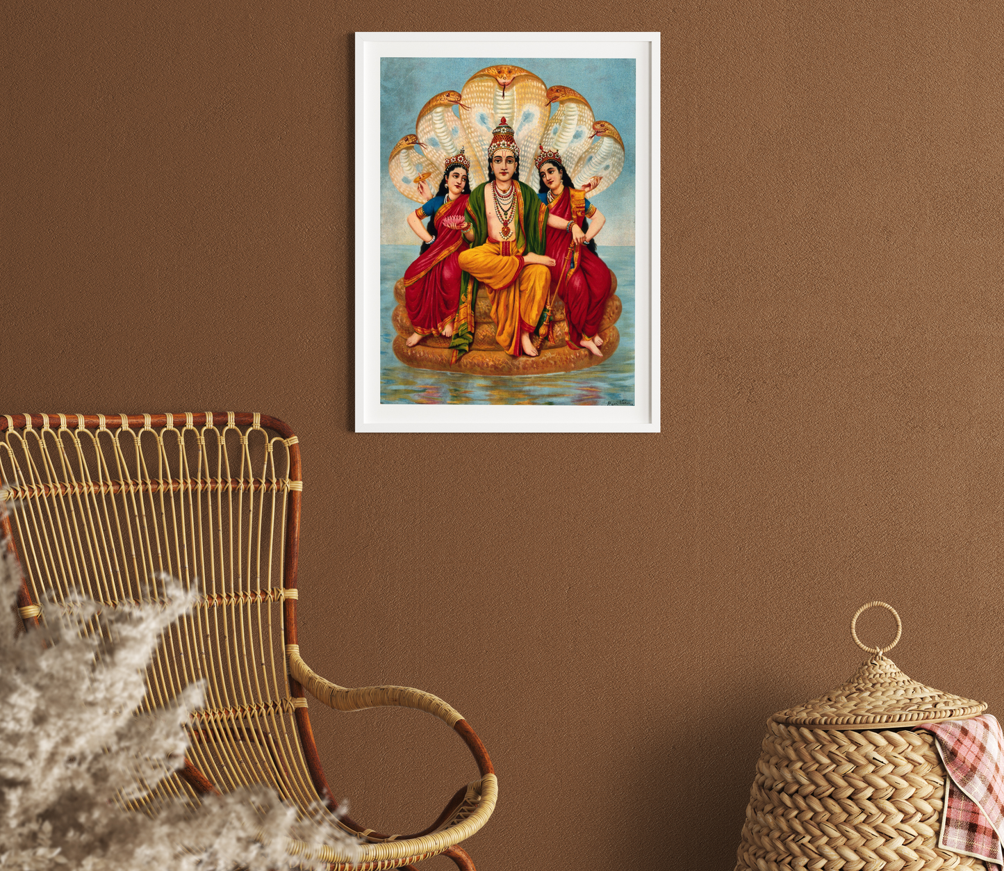 Vishnu flanked by two wives resting on Shesa by Raja Ravi Varma Wall Art