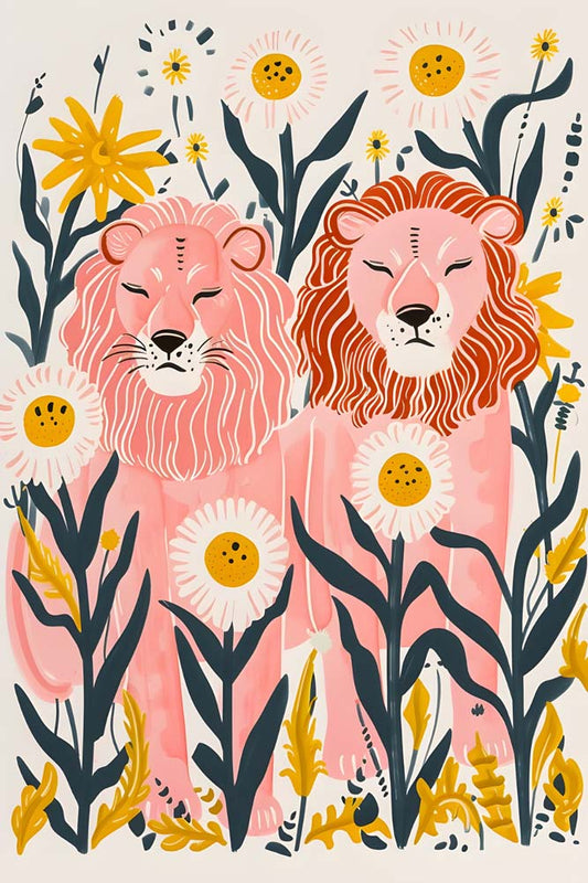 Lions in Bloom Maximalist Animals Wall Art