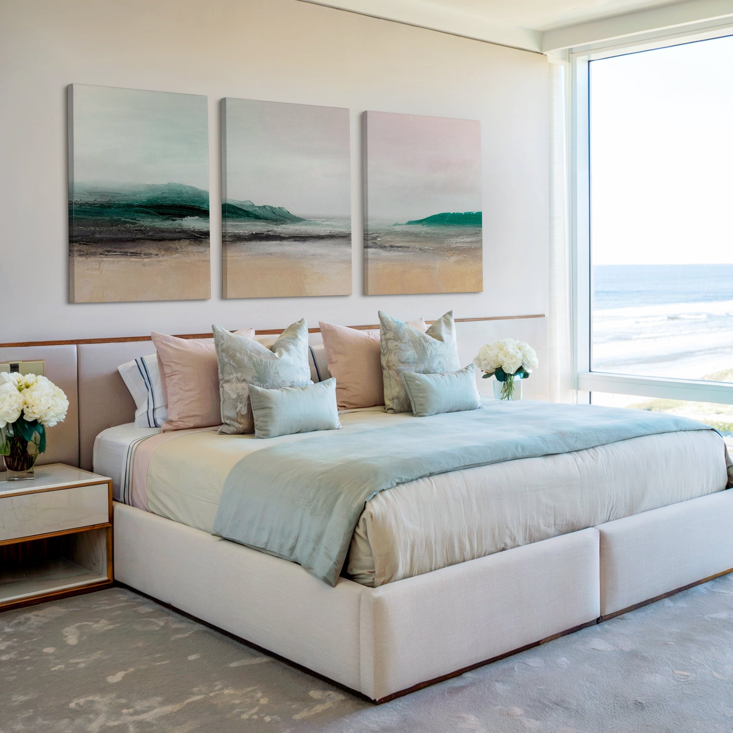AquaVista – Teal & Beige Coastal Landscape Abstract Trio - Wall Art Set of 3