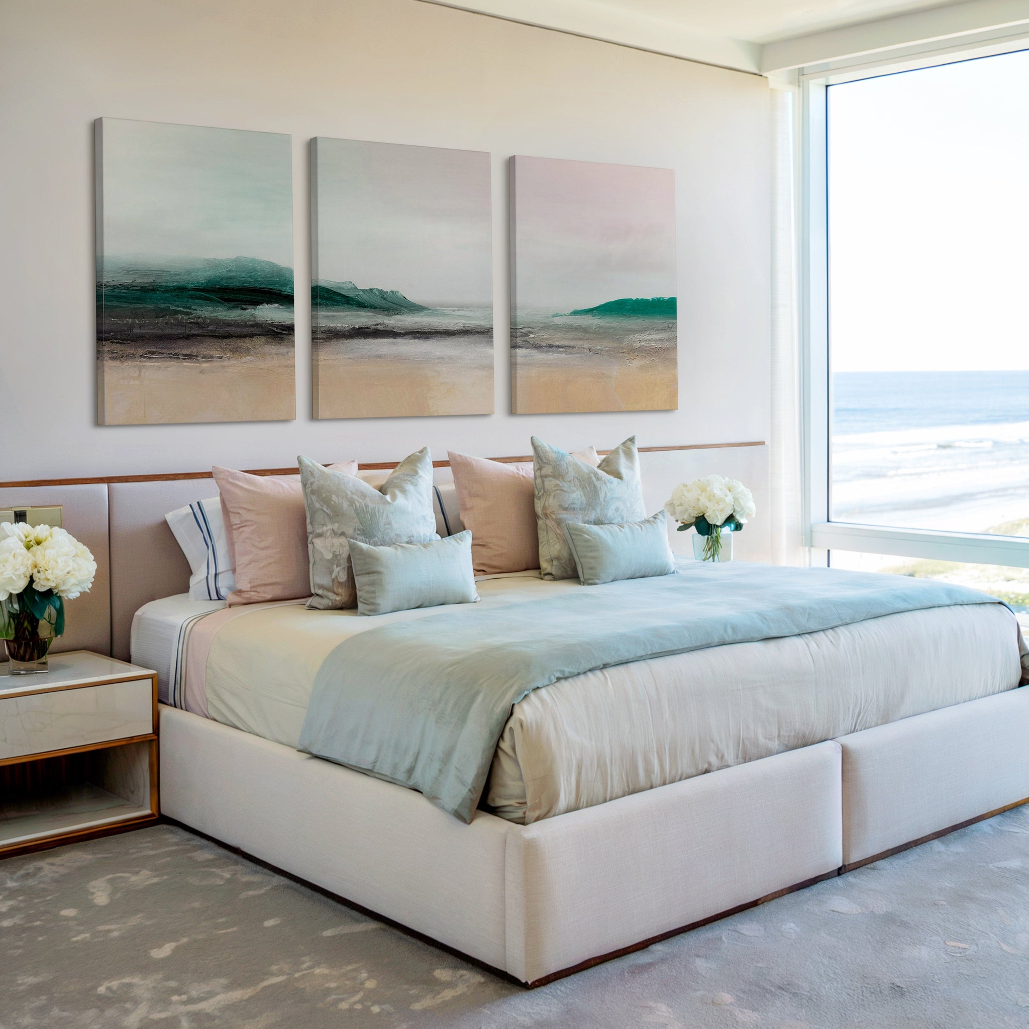 AquaVista – Teal & Beige Coastal Landscape Abstract Trio - Wall Art Set of 3