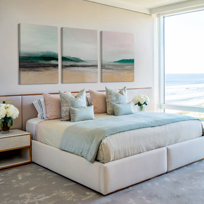 AquaVista – Teal & Beige Coastal Landscape Abstract Trio - Wall Art Set of 3