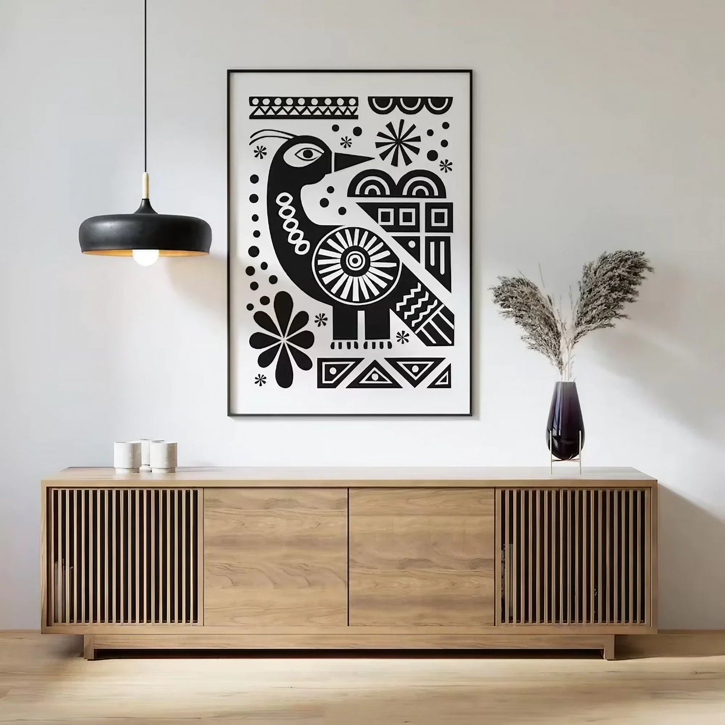 Cute Black and White Folk Bird Wall Frame