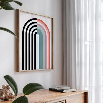 Modern Rainbow Decor Black and White Art Mid Century Wall Frame