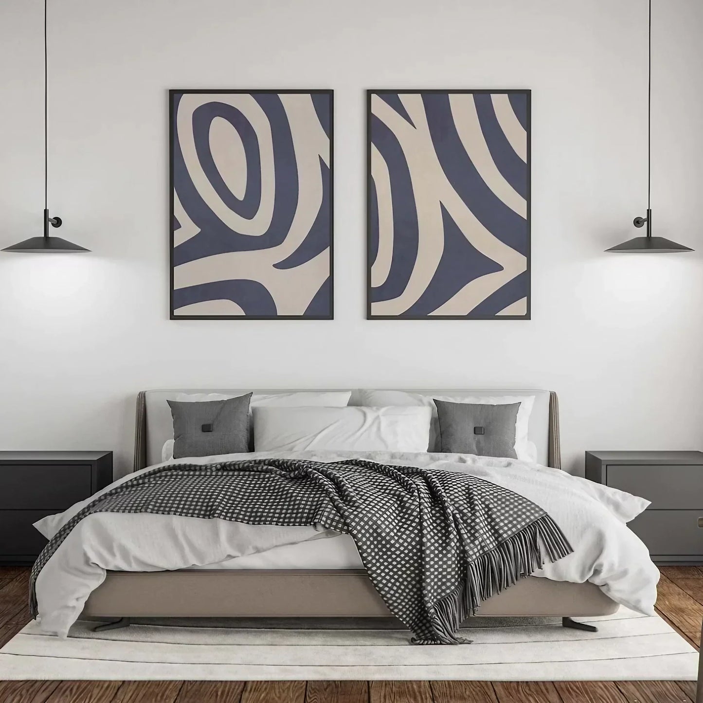 Blue Gray Abstract Art Set of 2 Tribal Pattern Decor Art Wall Frame