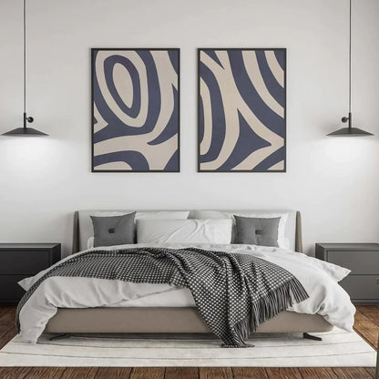 Blue Gray Abstract Art Set of 2 Tribal Pattern Decor Art Wall Frame