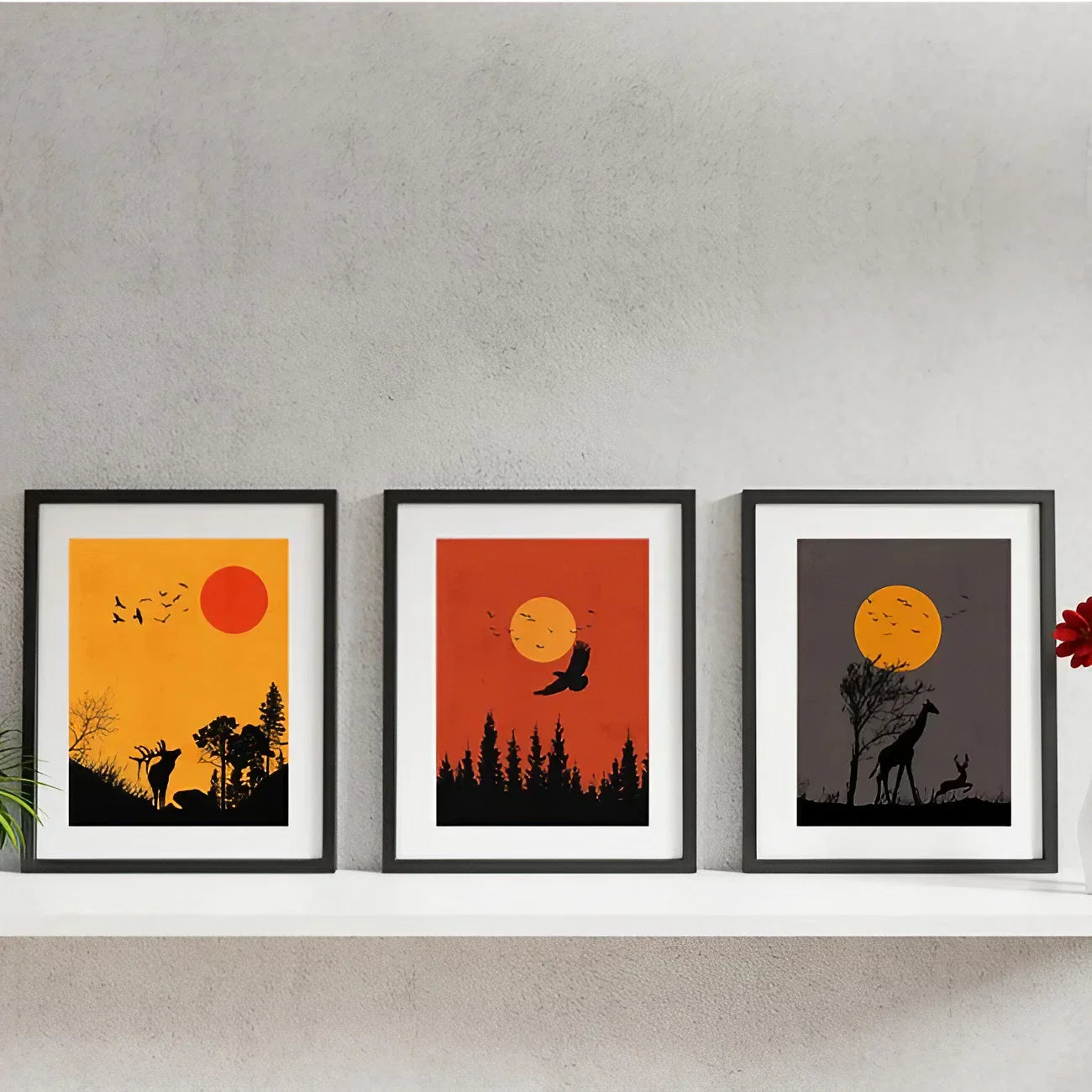 Boho Animal Set of 3 Safari Sun Set Wall Art