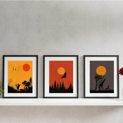 Boho Animal Set of 3 Safari Sun Set Wall Art