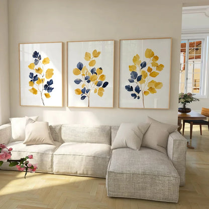 Mustard Yellow & Navy Blue Wall Art Leaf Bouquet Wall Frames