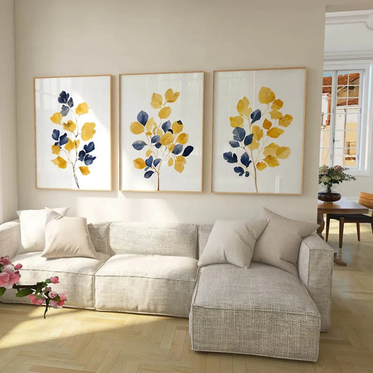 Mustard Yellow & Navy Blue Wall Art Leaf Bouquet Wall Frames