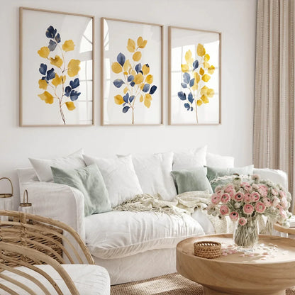 Mustard Yellow & Navy Blue Wall Art Leaf Bouquet Wall Frames
