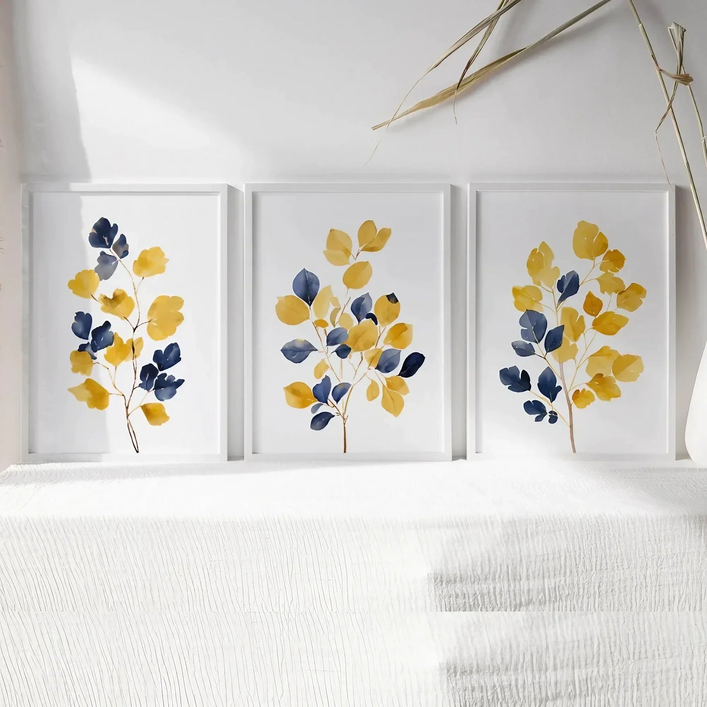 Mustard Yellow & Navy Blue Wall Art Leaf Bouquet Wall Frames