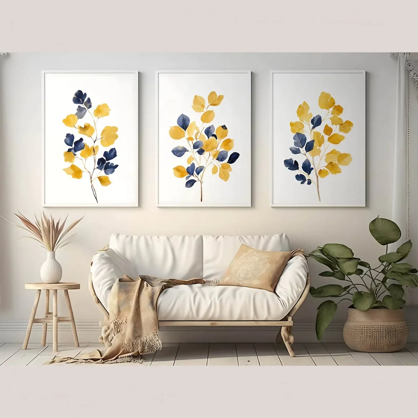 Mustard Yellow & Navy Blue Wall Art Leaf Bouquet Wall Frames